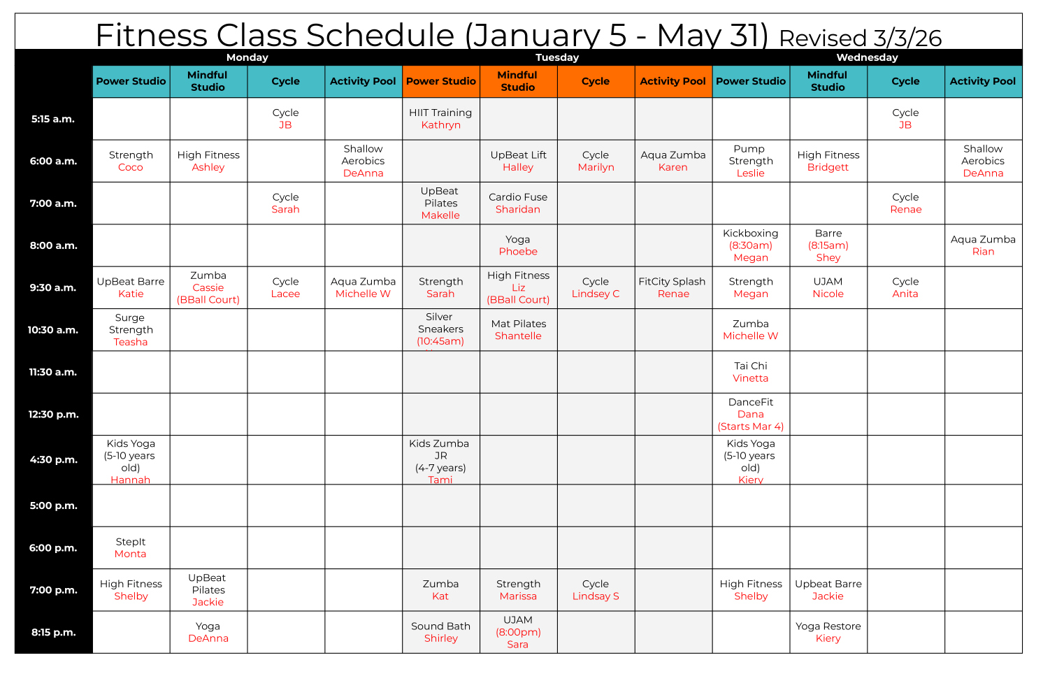 Fitness Class Schedule (Monday - Wednesday