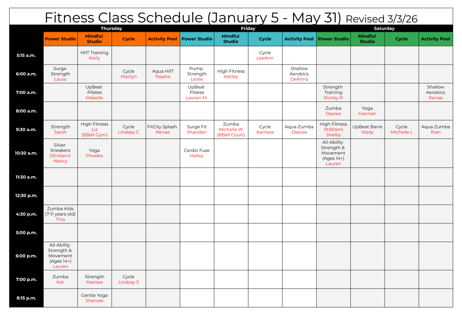 Fitness Class Schedule (Thursday - Saturday