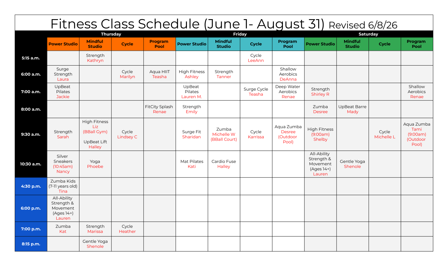 Fitness Class Schedule (Thursday - Saturday